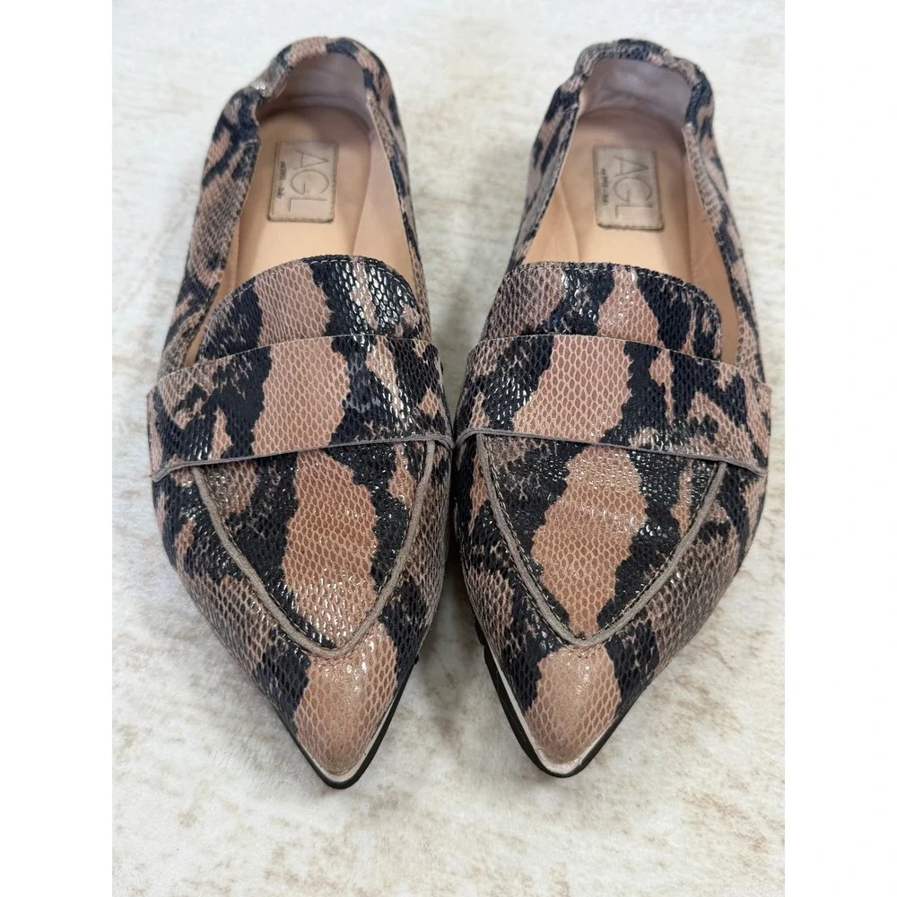 AGL Attilio Giusti Leombruni Snakeskin Pointed Toe Loafers N538078 Brown 40.5